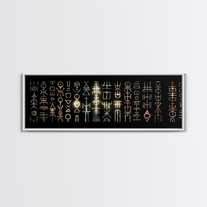 Illuminated African Tribal Icons Wall Art, Gold And Teal Symbol Pattern, Afrocentric Decor, Modern Cultural Art Print Gift
