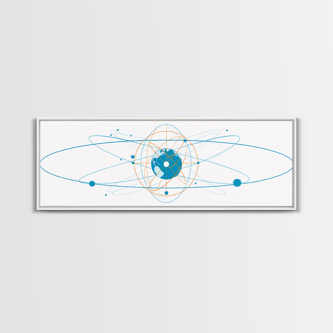 Blue Orange Atomic Globe Orbit Canvas Print, Modern Science Wall Art, Geometric Digital Art, Futuristic Office Decor Print