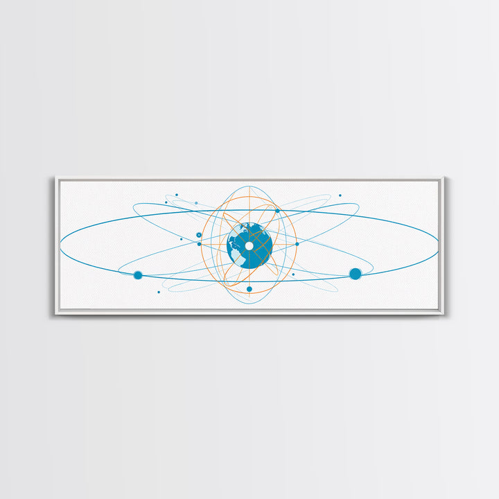 Blue Orange Atomic Globe Orbit Canvas Print, Modern Science Wall Art, Geometric Digital Art, Futuristic Office Decor Print
