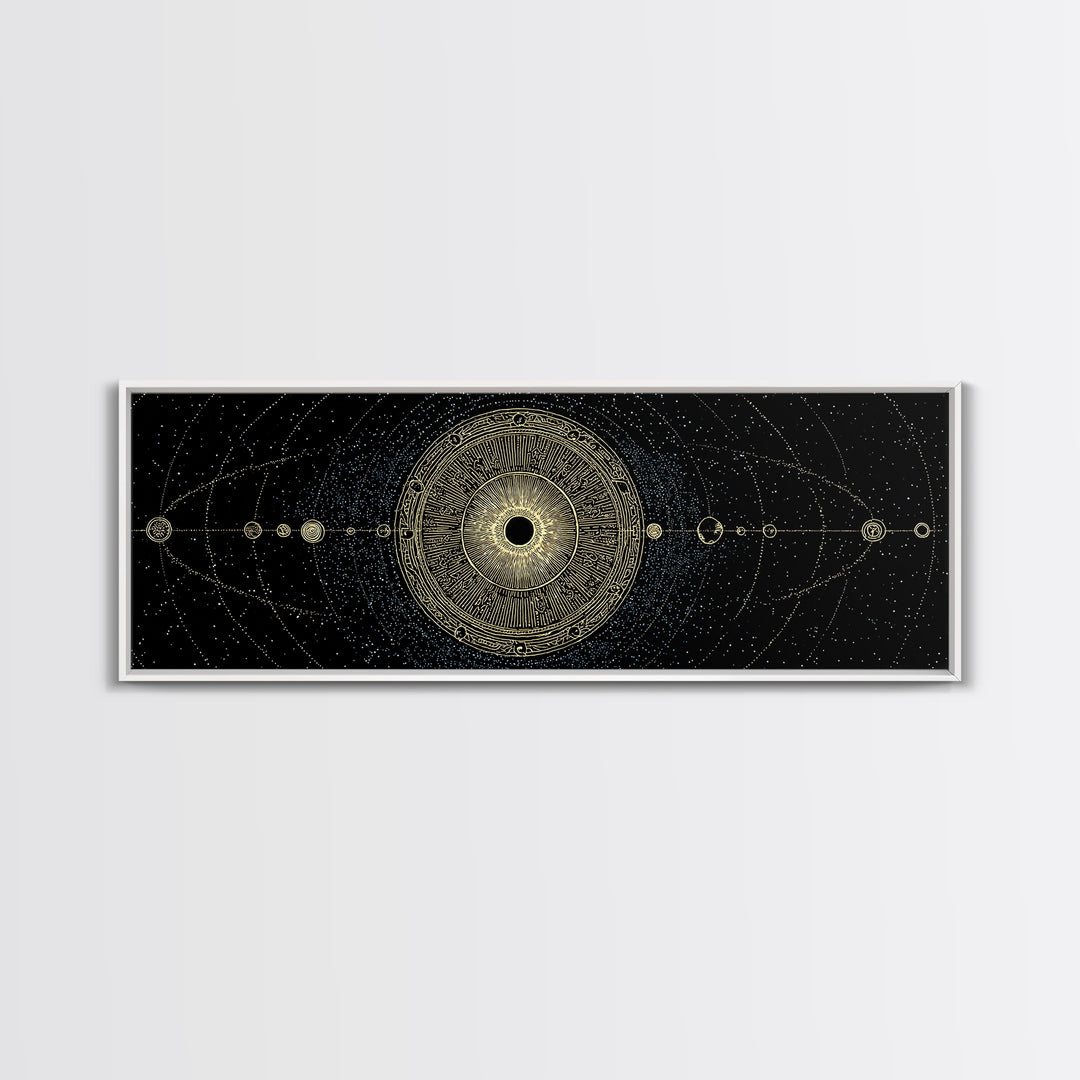 Golden Sacred Geometry Solar System Canvas Print, Celestial Mandala Wall Decor, Luxury Astronomy Poster, Boho Home Decor