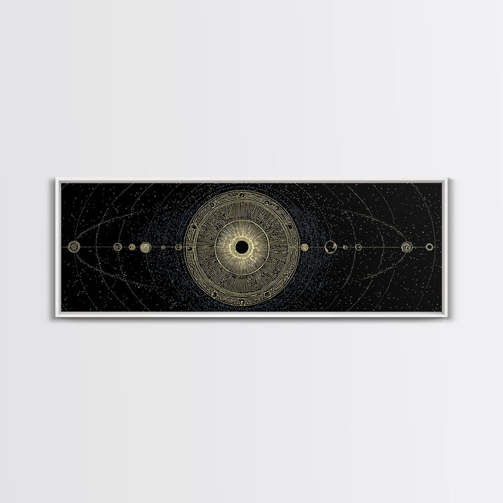 Golden Sacred Geometry Solar System Canvas Print, Celestial Mandala Wall Decor, Luxury Astronomy Poster, Boho Home Decor