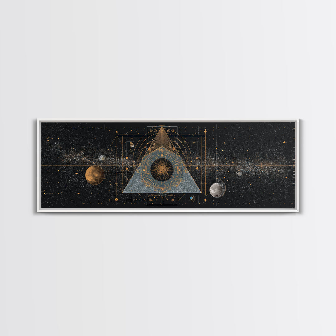 Mystic Planetary Triangle Framed Canvas Print, Gold Celestial Space Wall Art, Sacred Geometry Poster, Modern Home Decor Gift