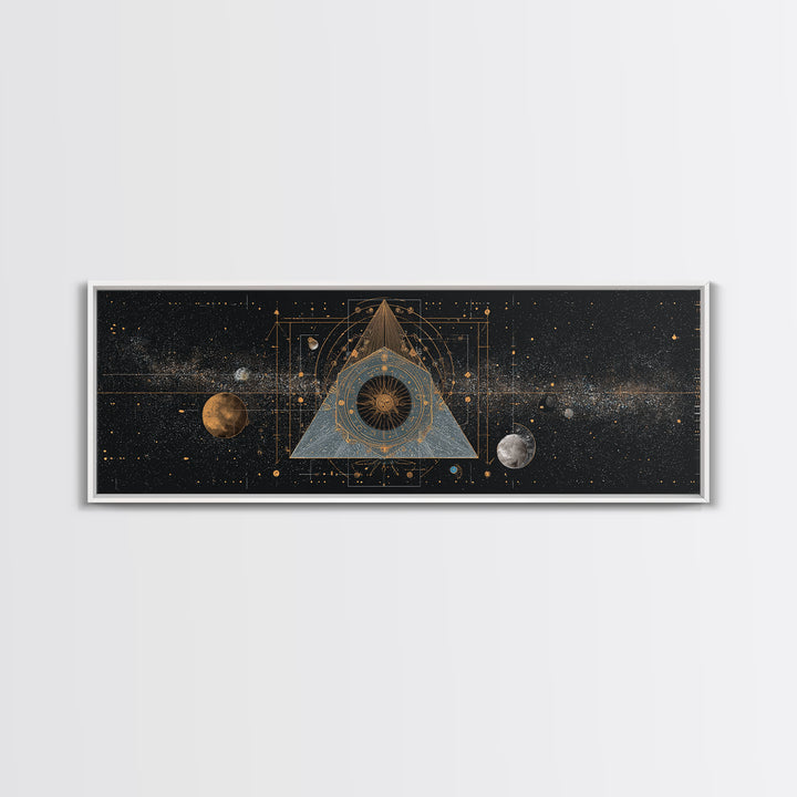 Mystic Planetary Triangle Framed Canvas Print, Gold Celestial Space Wall Art, Sacred Geometry Poster, Modern Home Decor Gift