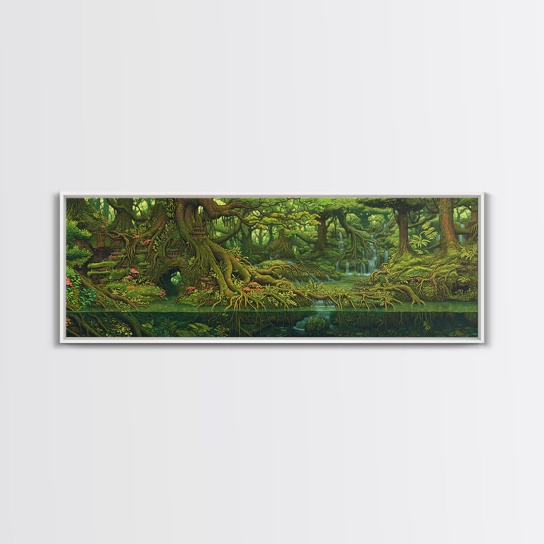 Ancient Jungle River Roots Wall Art, Lush Green Forest Canvas Print, Nature Scene Decor, Fantasy Landscape Home Decor Gift