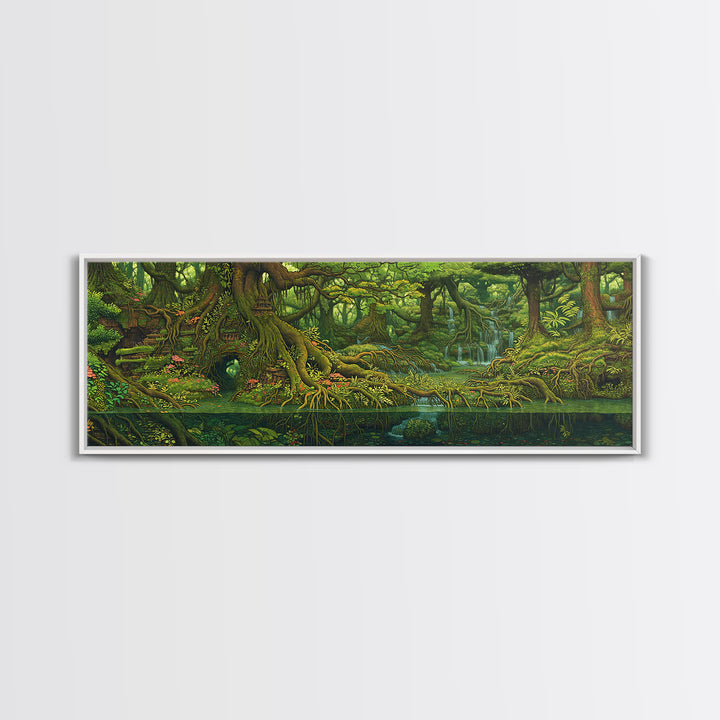 Ancient Jungle River Roots Wall Art, Lush Green Forest Canvas Print, Nature Scene Decor, Fantasy Landscape Home Decor Gift