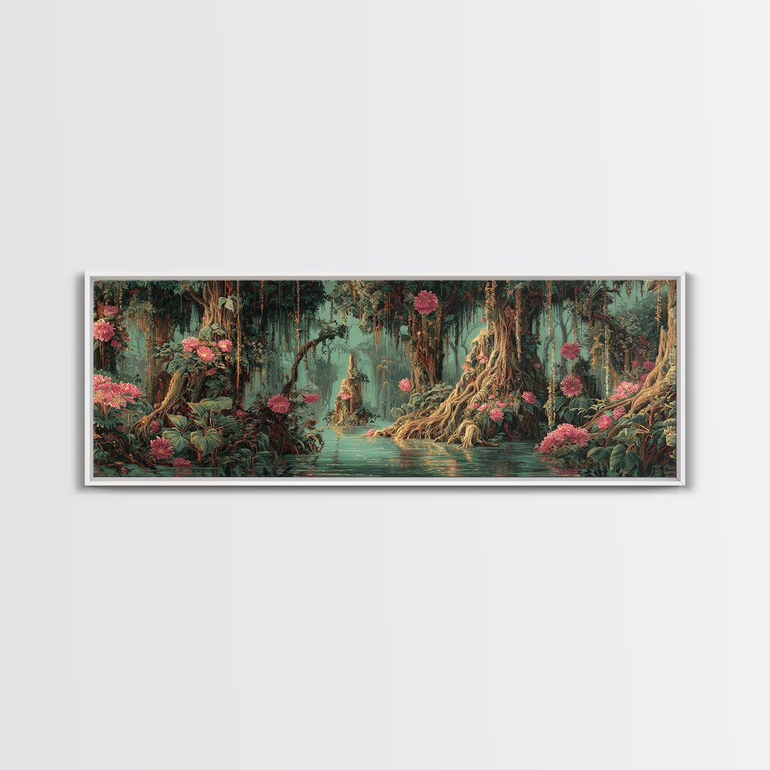 Enchanted Swamp With Pink Blooms Framed Canvas Print, Mystical Jungle Wall Art, Floral Nature Scene, Boho Home Decor Gift