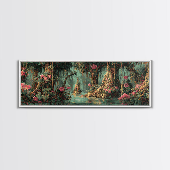 Enchanted Swamp With Pink Blooms Framed Canvas Print, Mystical Jungle Wall Art, Floral Nature Scene, Boho Home Decor Gift