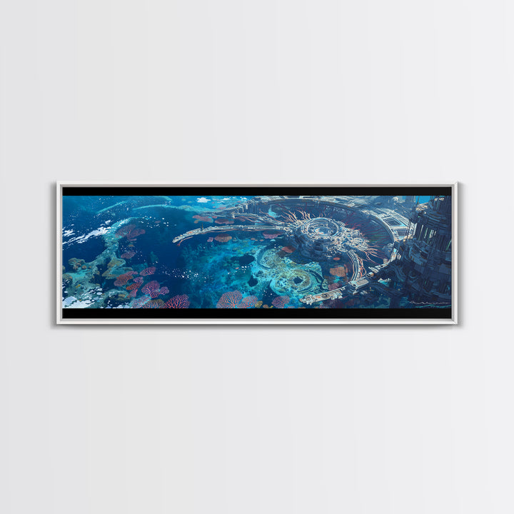 Futuristic Underwater Reef City Canvas Print, Blue Ocean Sci Fi Wall Art, Coral Seascape Poster, Unique Wall Decor Gift Idea