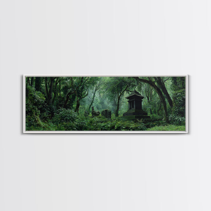 Ancient Jungle Tomb And Forest Ruins Framed Canvas Print, African Landscape, Mystical Wall Art, Dark Green Office Decor Gift