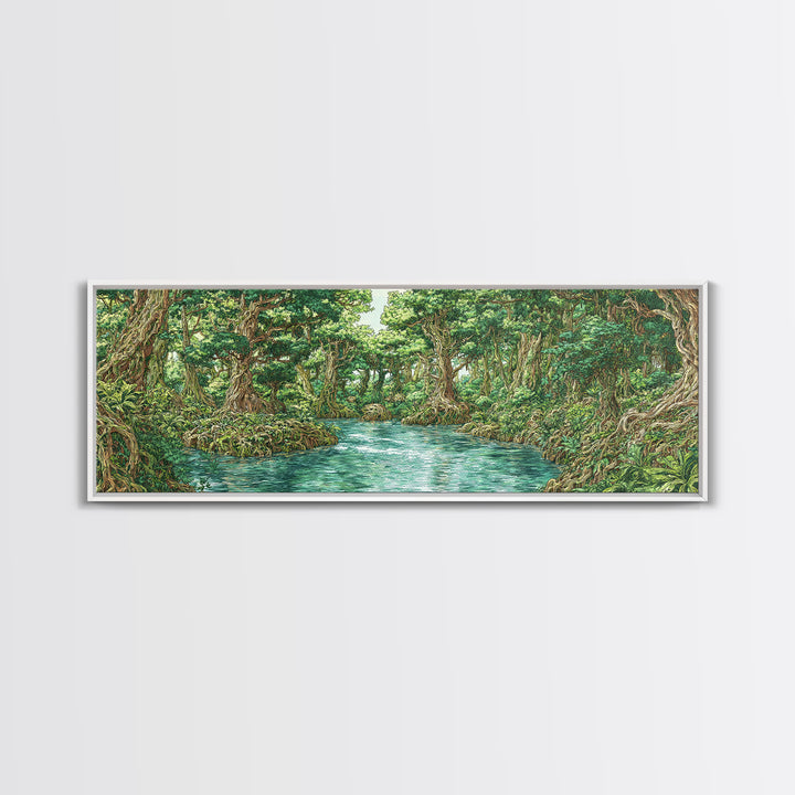 Turquoise River Through Lush African Jungle Canvas Print, Nature Scene Art, Safari Wall Decor, Green Boho Living Room Art