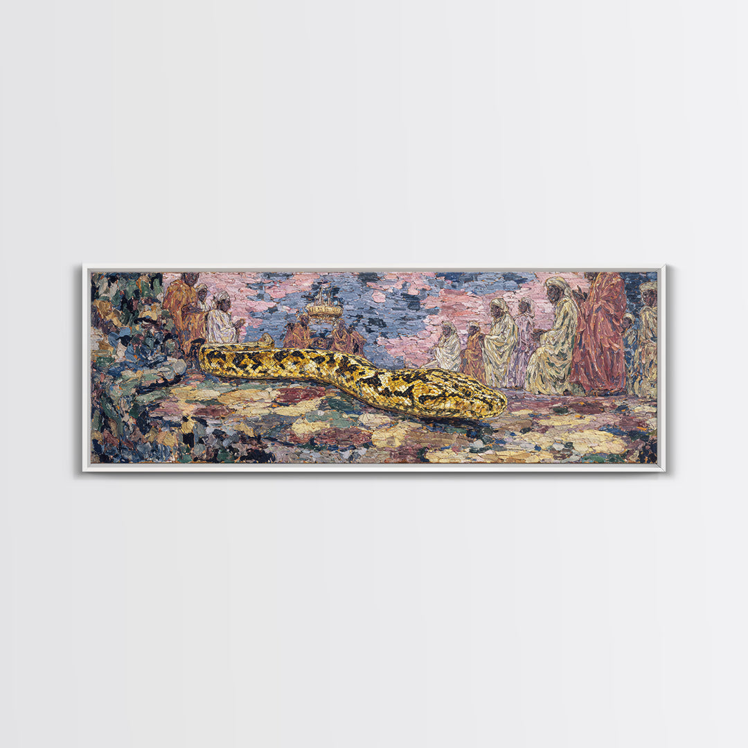 Golden Python Ceremony African Painting Canvas Print, Tribal Art Decor, Cultural Wall Art, Snake Portrait Statement Decor