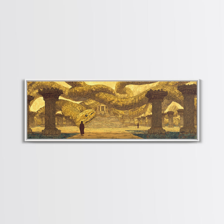 Ancient Golden Serpent Temple Wall Art, African Egyptian Art, Mythic Snake Decor, Luxury Canvas Print For Statement Room