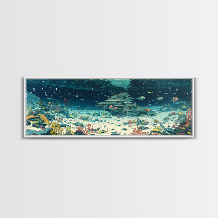 Underwater Coral Reef City With Fish Canvas Print, Ocean Wall Art, Beach Art, Blue Nature Scene, Coastal Home Decor Gift