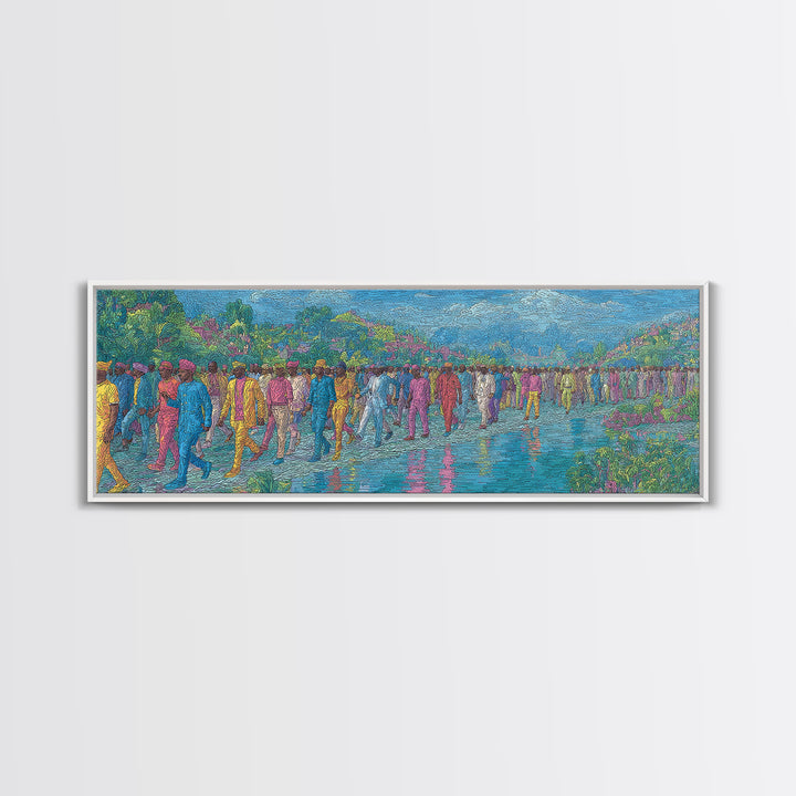 Colorful Riverside Crowd Abstract Wall Art, African Inspired Canvas Print, Modern Art, Vibrant Home Decor, Large Wall Art