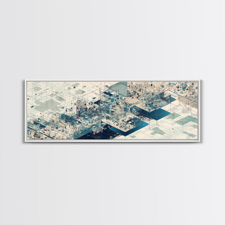Isometric Futuristic City Grid Wall Art, Digital Art Canvas Print, Modern Office Decor, Geometric Wall Art, Tech Blue Art