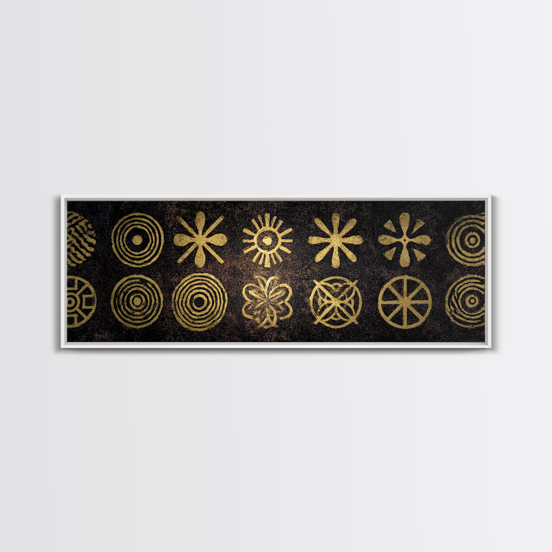 Gold Tribal Symbol Pattern Canvas Print, African Tribal Art, African Patterns, Black And Gold Art, Cultural Wall Decor, Boho Decor