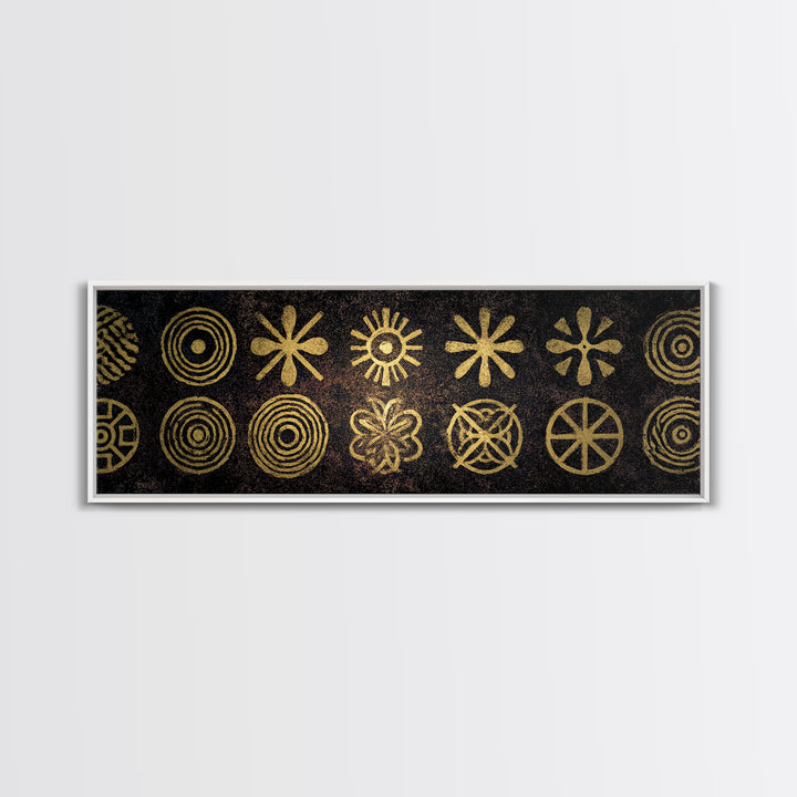 Gold Tribal Symbol Pattern Canvas Print, African Tribal Art, African Patterns, Black And Gold Art, Cultural Wall Decor, Boho Decor