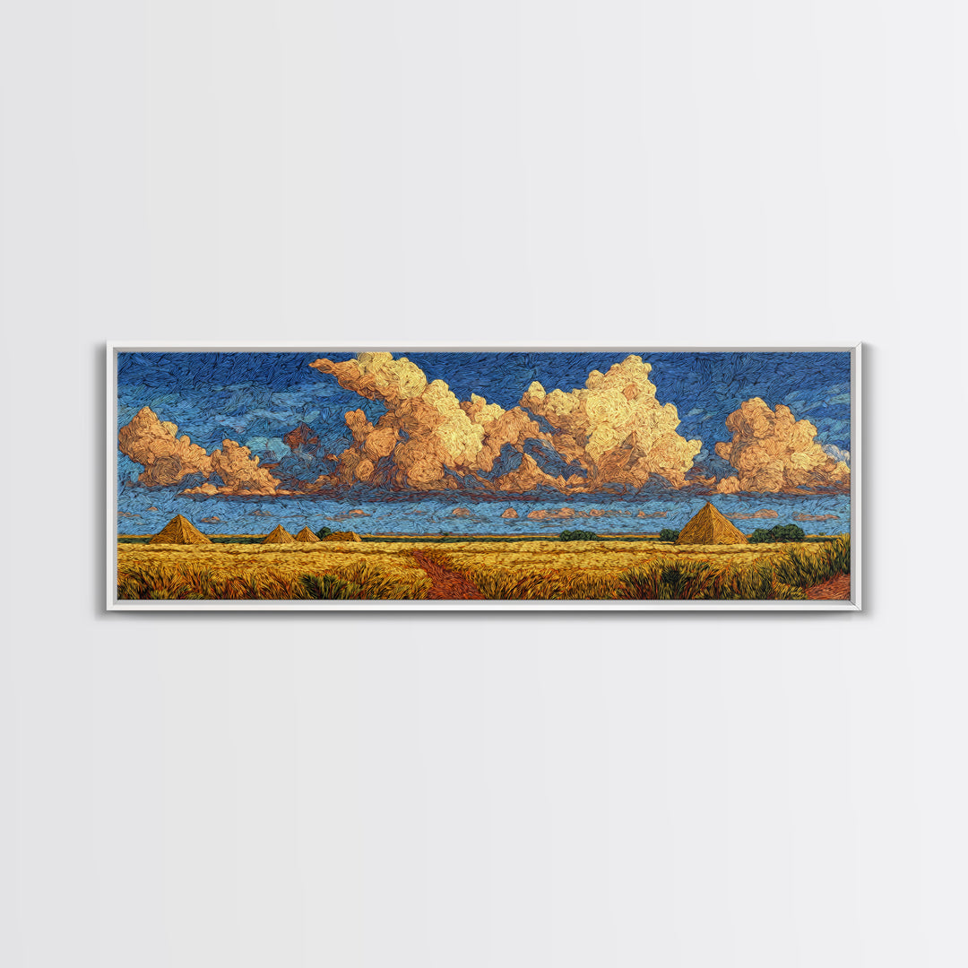 Golden Pyramids Under Textured Clouds Framed Canvas Print, African Egyptian Art, African Landscape, Blue And Gold Canvas, Decor