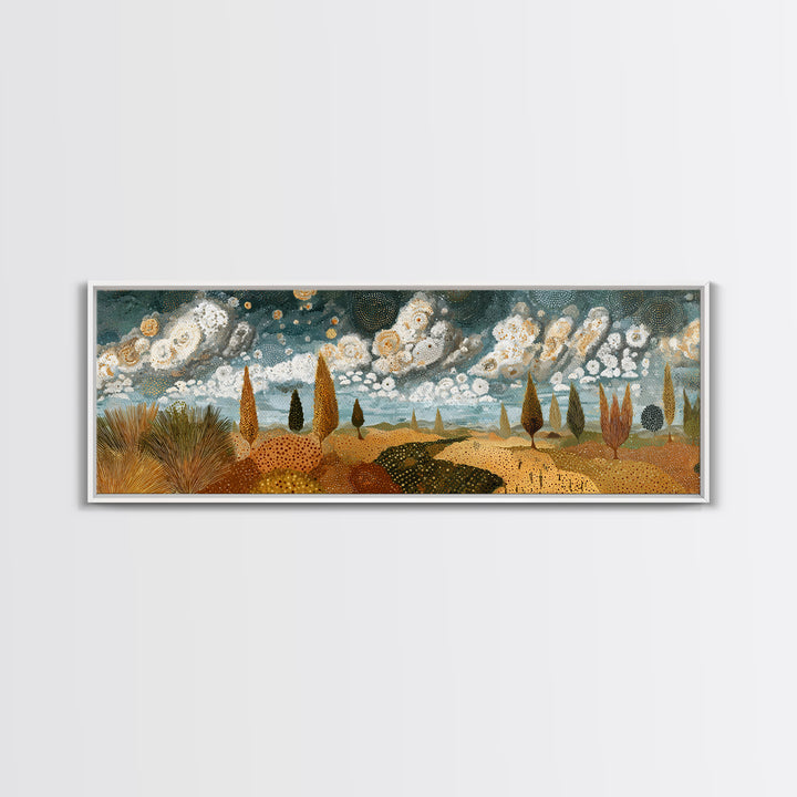 Golden African Savanna Hills Wall Art, Abstract Storm Cloud Landscape, Earth Tone Canvas Decor, Boho Living Room Art Print
