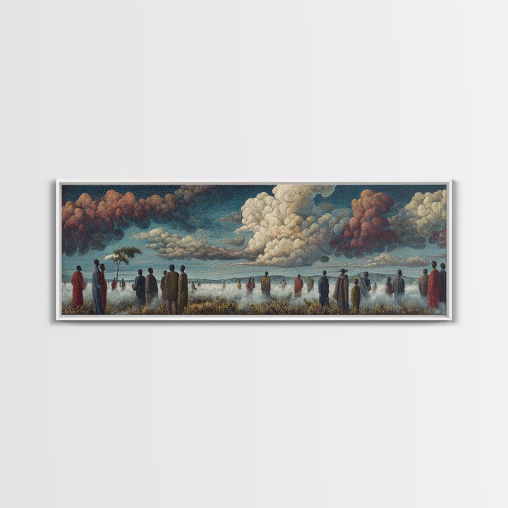 Misty African Gathering Wall Art, Dramatic Cloud Lake Landscape, Afrocentric Canvas Decor, Cultural Living Room Print Gift