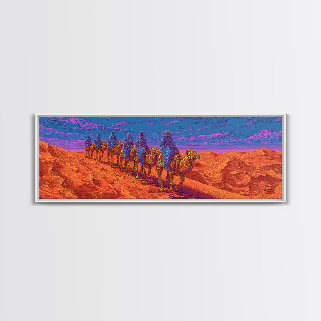 Vibrant Camel Caravan In Orange Desert Mountains, African Safari Art Canvas Print, Serengeti Wall Decor, Travel Gift, Unique Home Decor