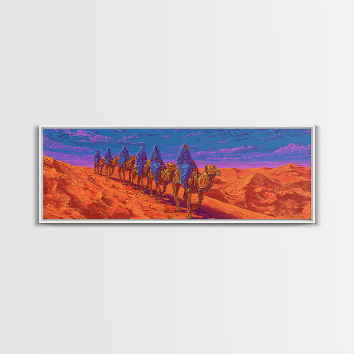 Vibrant Camel Caravan In Orange Desert Mountains, African Safari Art Canvas Print, Serengeti Wall Decor, Travel Gift, Unique Home Decor