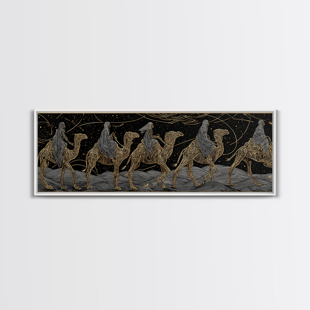 Gold Line Camel Caravan Under Celestial Night, African Safari Art Canvas Print, Black And Gold Art, Bohemian Wall Decor Gift