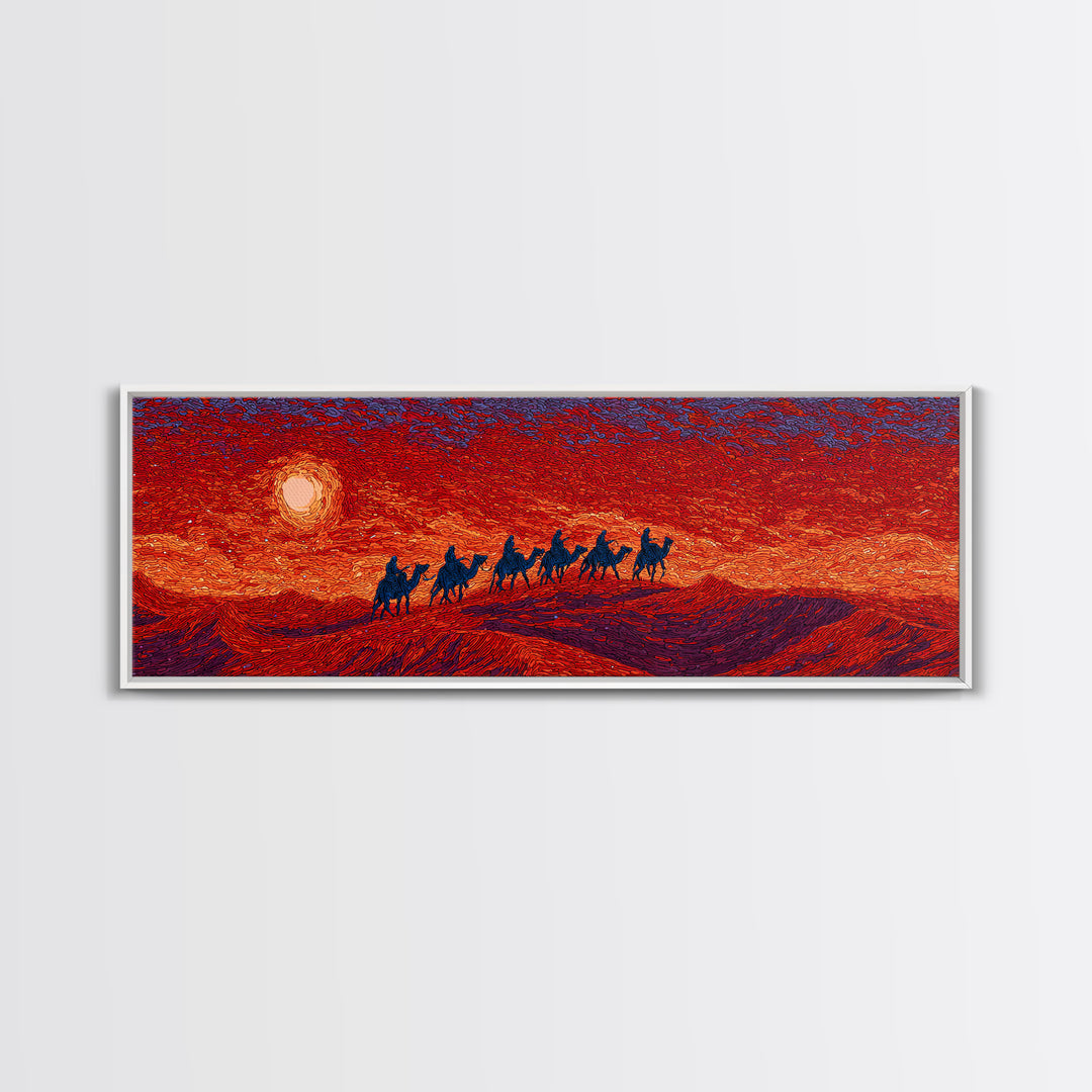 Fiery Sunset Camel Caravan Silhouettes Over Dunes, African Safari Art Canvas Print, Burnt Orange Wall Decor, Travel Gift
