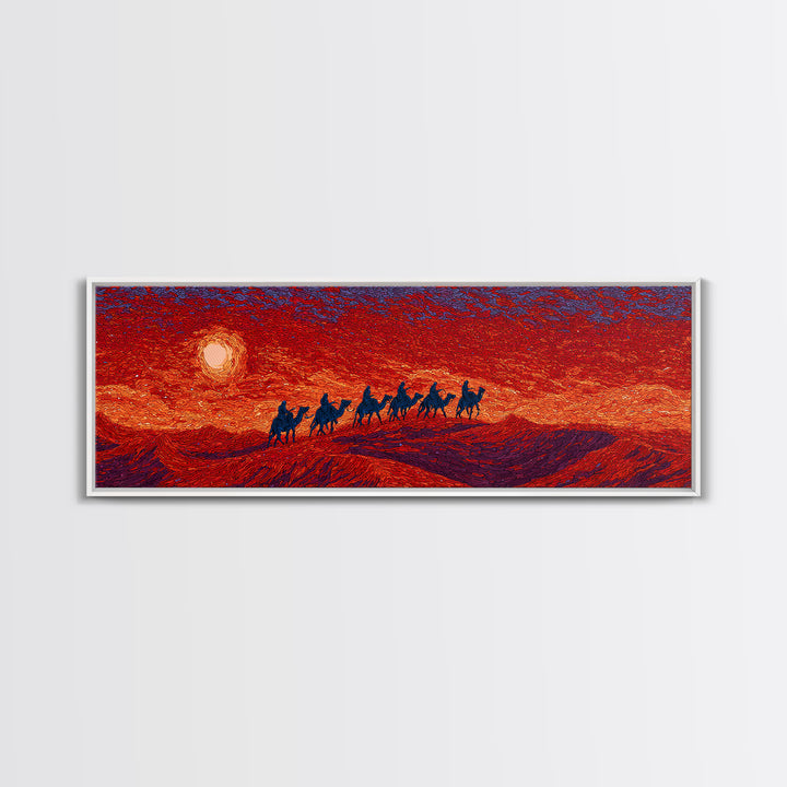 Fiery Sunset Camel Caravan Silhouettes Over Dunes, African Safari Art Canvas Print, Burnt Orange Wall Decor, Travel Gift