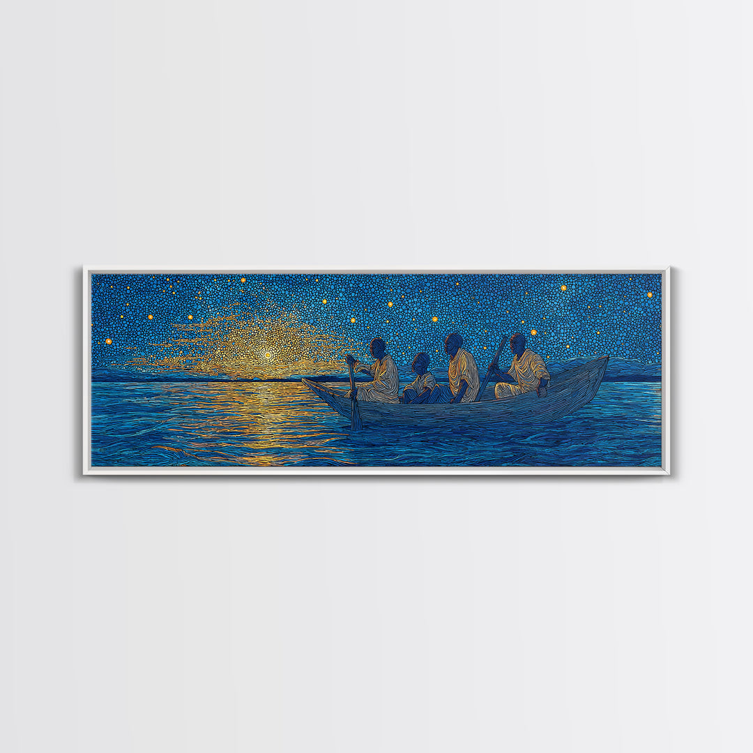 Golden Sunset Canoe Fishermen Wall Art, African Safari Art Print, Blue Lake Landscape, Serene Bedroom Canvas Home Decor Gift