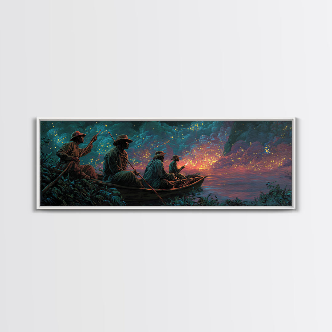 Stormy River Fishermen At Twilight Framed Canvas Print, African Landscape Wall Decor, Moody Safari Art, Unique Home Decor