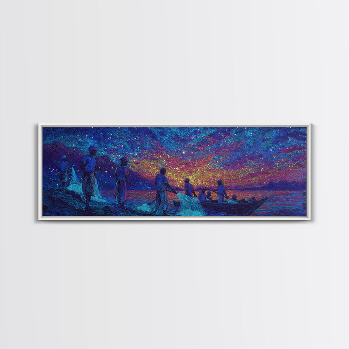 Stargazing Fishermen At Shore Canvas Print, African Wall Art, Vibrant Blue Purple Night, Afrocentric Unique Home Decor Gift