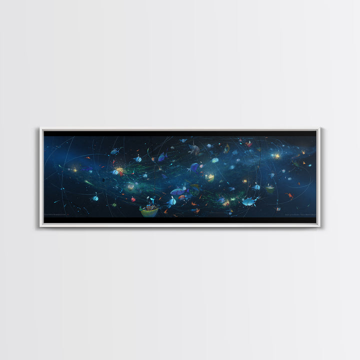 Cosmic Ocean Fish And Nets Wall Art, Dreamy Canvas Print, African Inspired Underwater Scene, Modern Blue Home Decor Gift