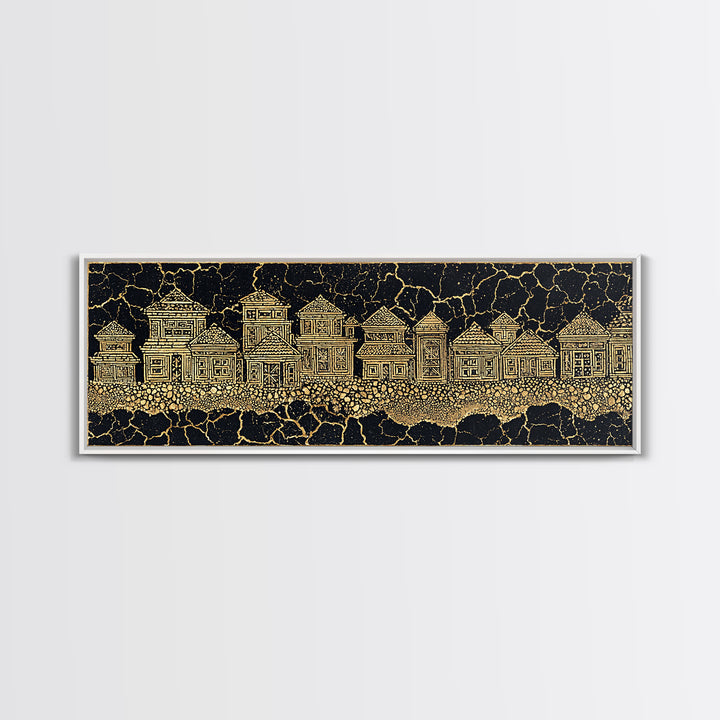 Gold Line Village On Cracked Black Wall Art, African Tribal Art, Ethnic Wall Decor, Modern Canvas Print, Cultural Home Decor