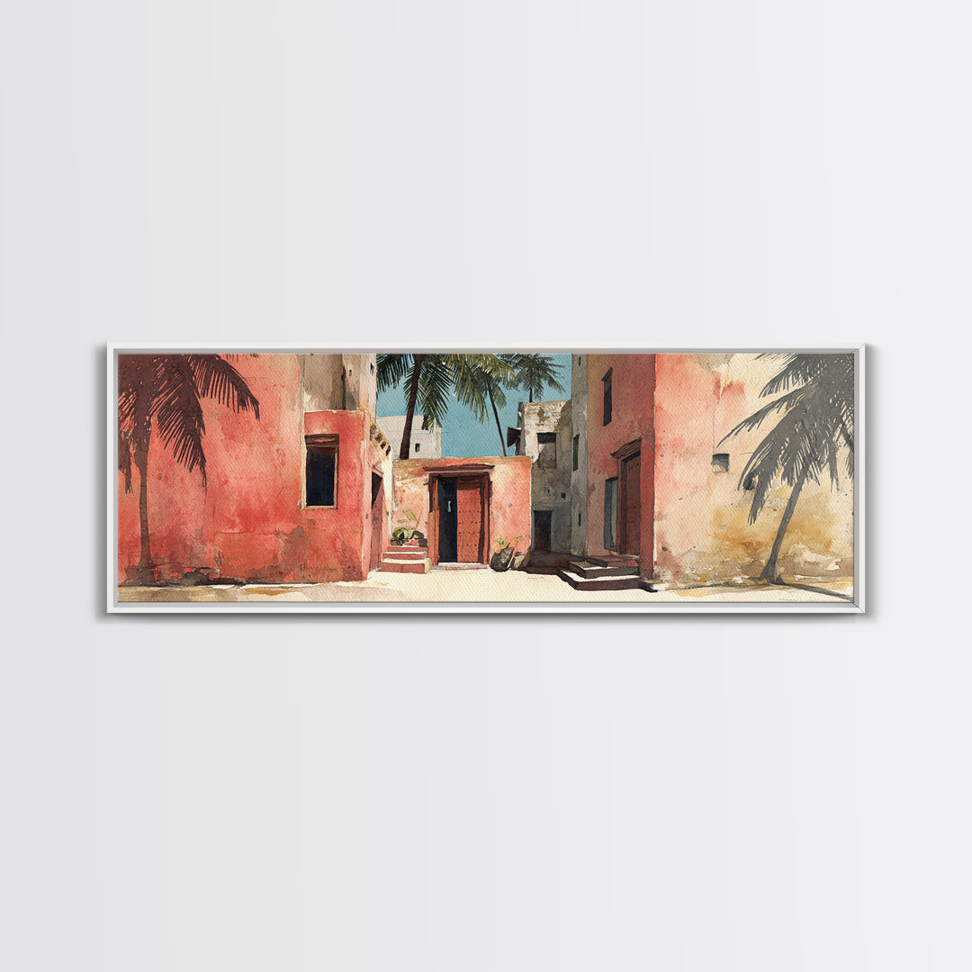 Sunlit Coral Adobe Alley With Palms Canvas Print, Moroccan Travel Poster, African Inspired Wall Art, Boho Bedroom Decor Gift