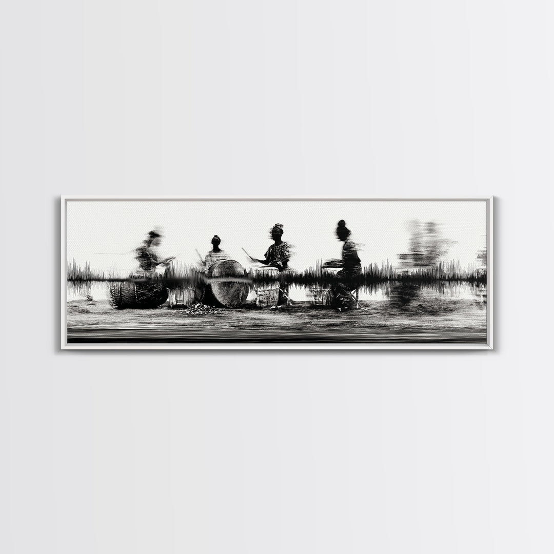 Black And White African Drummers Silhouette Wall Art, Tribal Music Decor, Afrocentric Canvas Print, Cultural Living Room Art