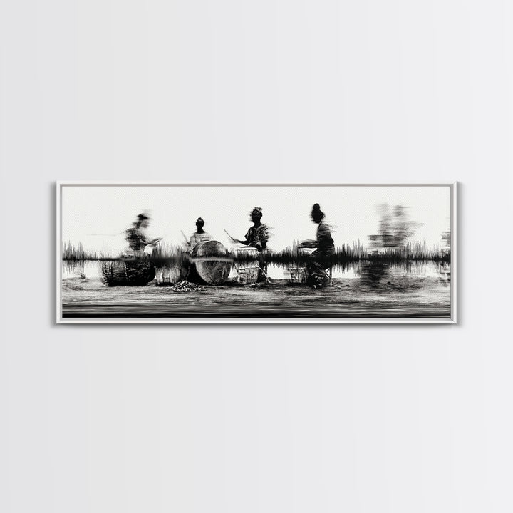 Black And White African Drummers Silhouette Wall Art, Tribal Music Decor, Afrocentric Canvas Print, Cultural Living Room Art