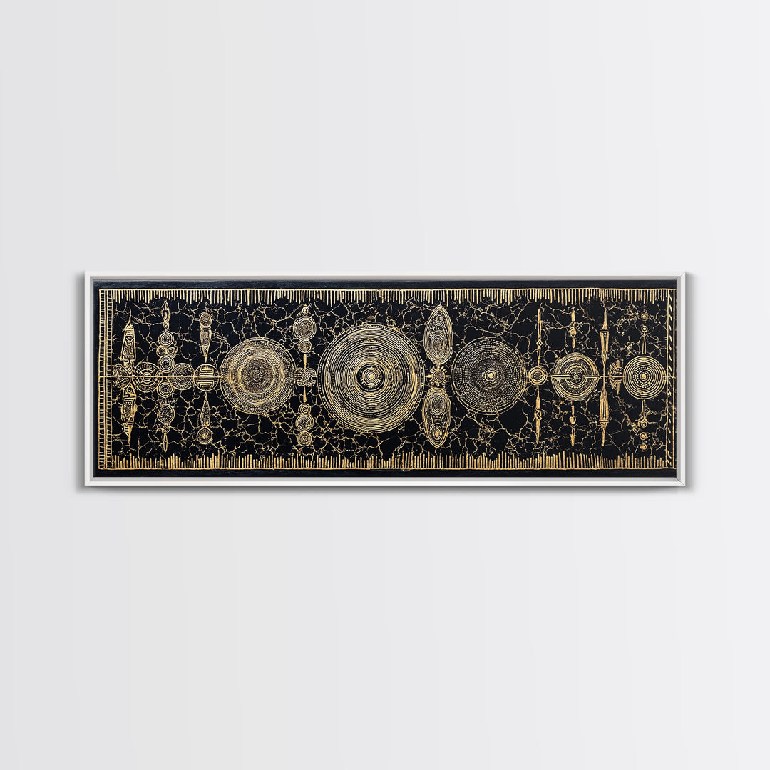 Gold Tribal Shields And Woven Kuba Patterns Framed Canvas Print, African Wall Decor, Ethnic Black Gold Cultural Art For Home