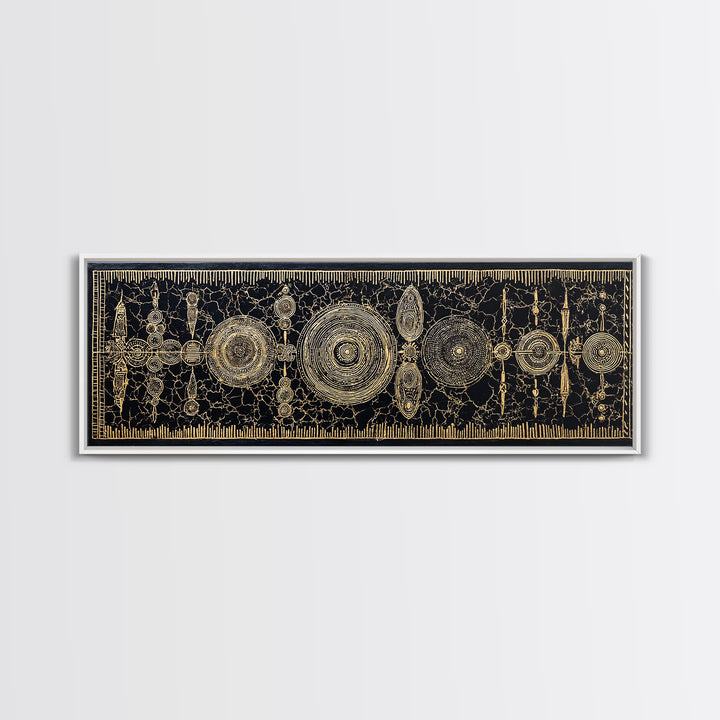 Gold Tribal Shields And Woven Kuba Patterns Framed Canvas Print, African Wall Decor, Ethnic Black Gold Cultural Art For Home
