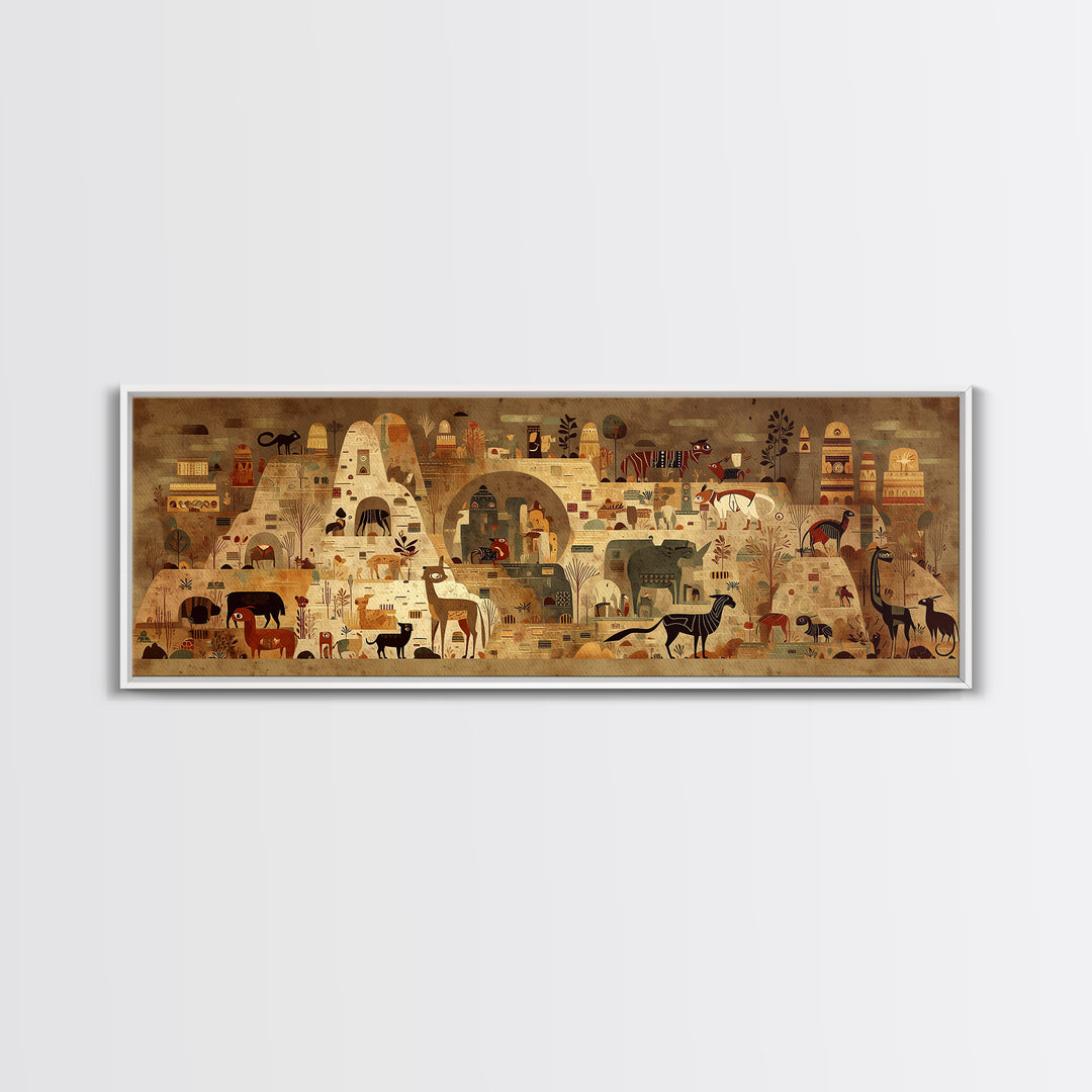 Ancient African Village With Wildlife And Huts Canvas Print, Safari Landscape Wall Decor, Tribal Culture Art For Living Room