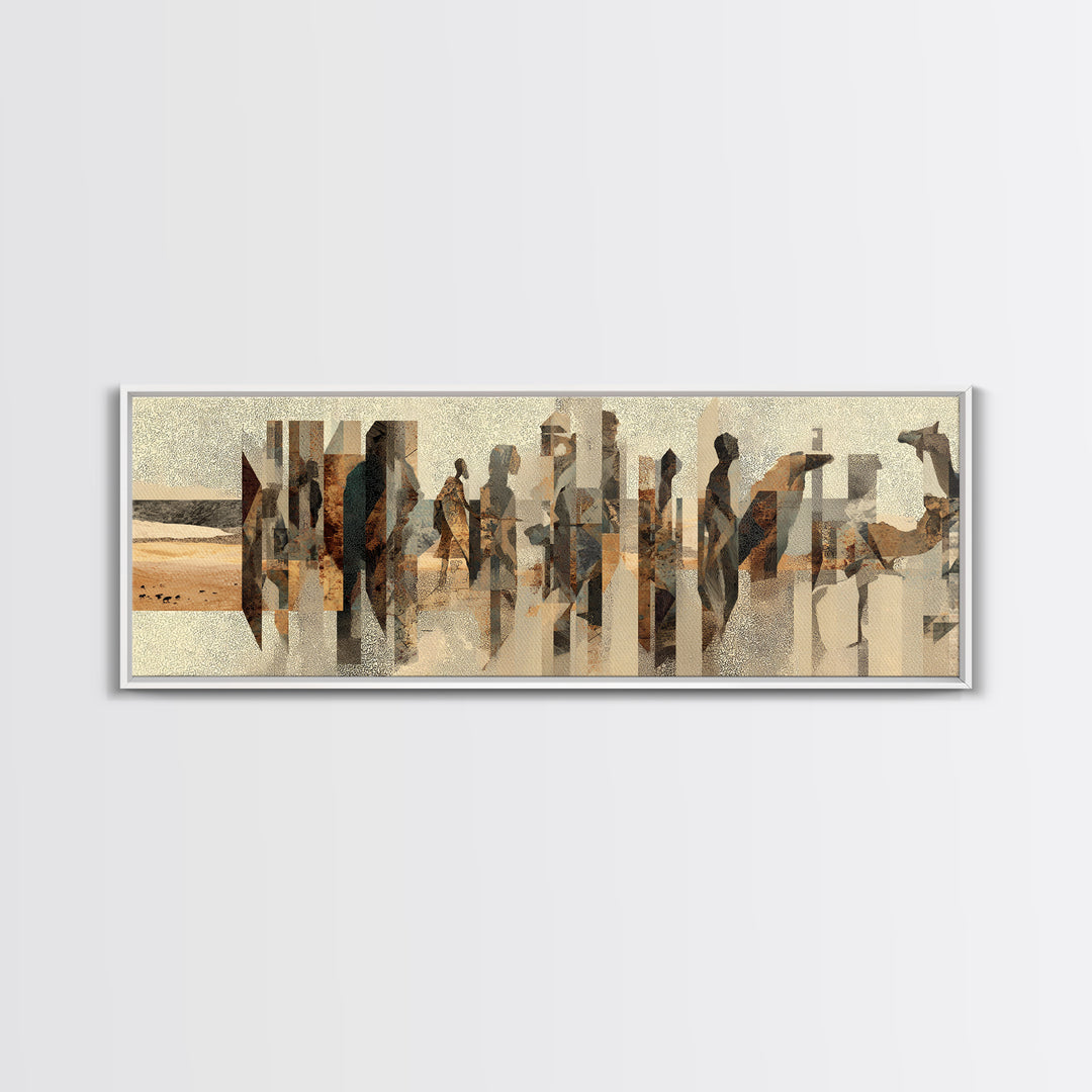 Abstract Desert Caravan With African Women Silhouettes Canvas Print, Minimalist Earth Tone Wall Decor, Cultural Portrait Art
