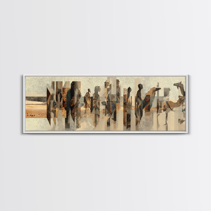 Abstract Desert Caravan With African Women Silhouettes Canvas Print, Minimalist Earth Tone Wall Decor, Cultural Portrait Art
