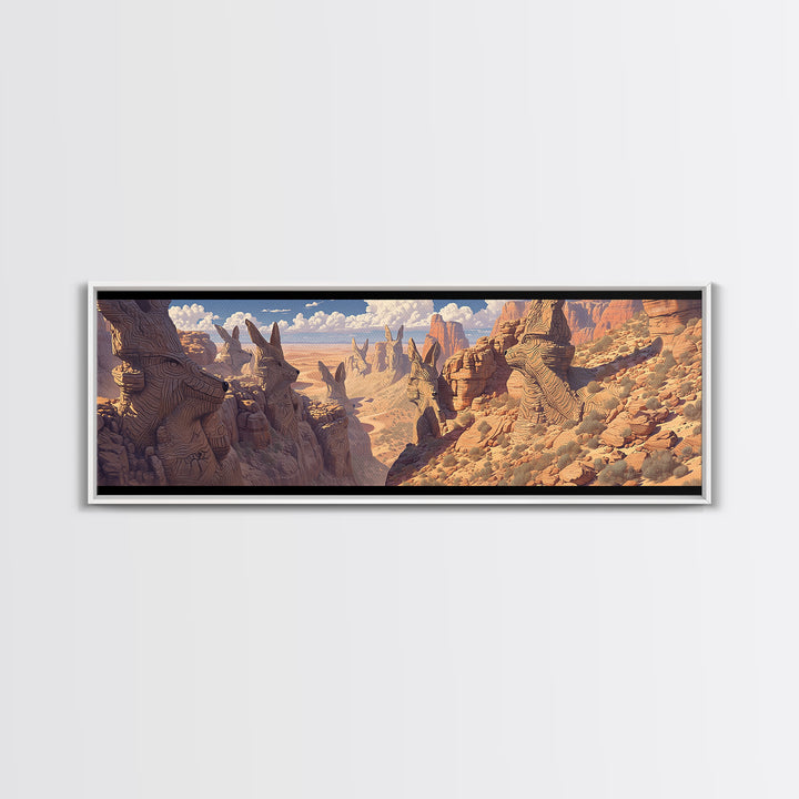 Carved Canyon Faces And Monument Valley Cliffs Wall Art, African Inspired Tribal Landscape Decor, Fantasy Canvas Print Gift