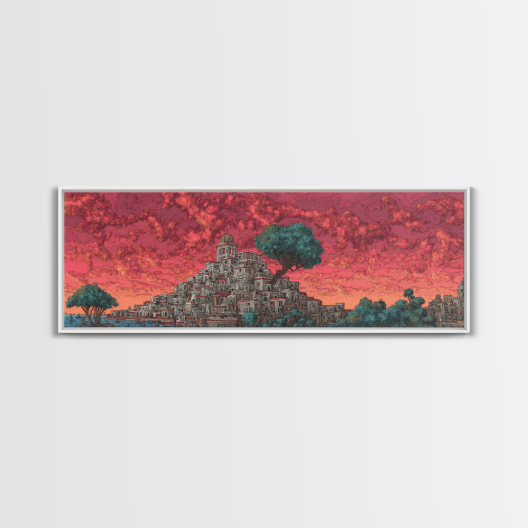 Ancient Stepped City Under Coral Sky Canvas Print, African Inspired Architecture Wall Decor, Mystical Travel Art For Home