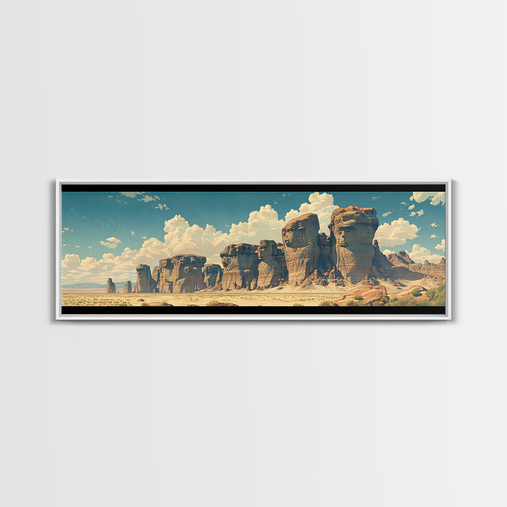 Weathered Desert Monoliths And Sunlit Sand Cliffs Framed Canvas Print, African Landscape Wall Decor, Large Safari Art Gift