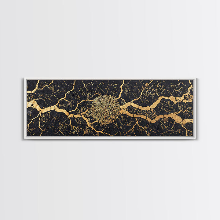 Black Gold Cracked Marble Medallion Wall Art, Luxury Abstract Wall Art, Modern Canvas Art, Elegant Home Decor Gift, Statement Wall Decor