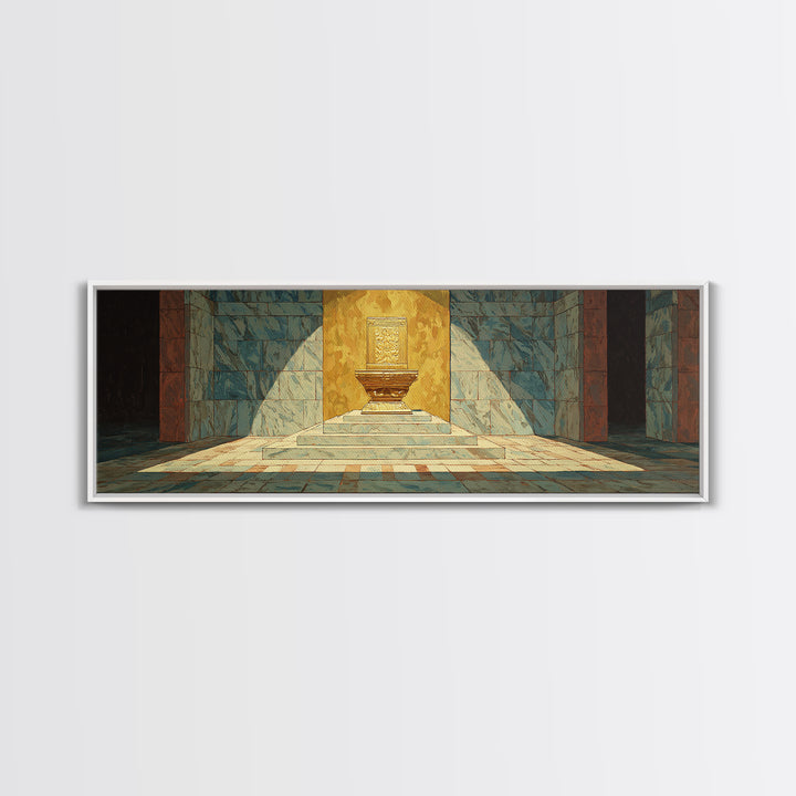 Turquoise Sunlit Temple Pedestal Canvas Print, Geometric Wall Art, Cultural Art Print, Modern Home Decor Gift, Unique Canvas Art