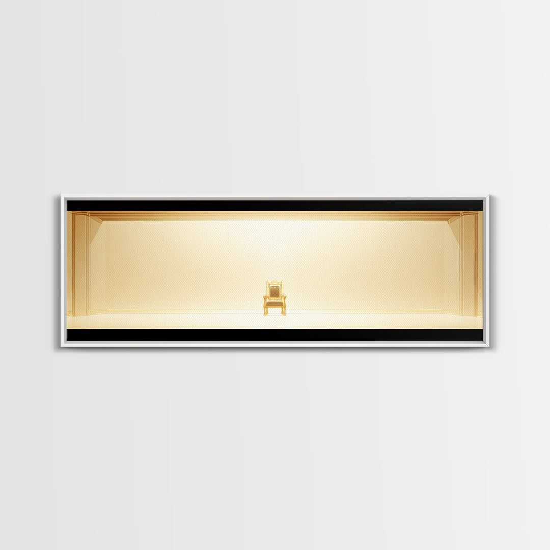 Minimal Golden Throne In Luminous Hall Framed Canvas Print, Minimalist Wall Art, Luxury Art, Elegant Home Decor Gift, Ready To Hang Art