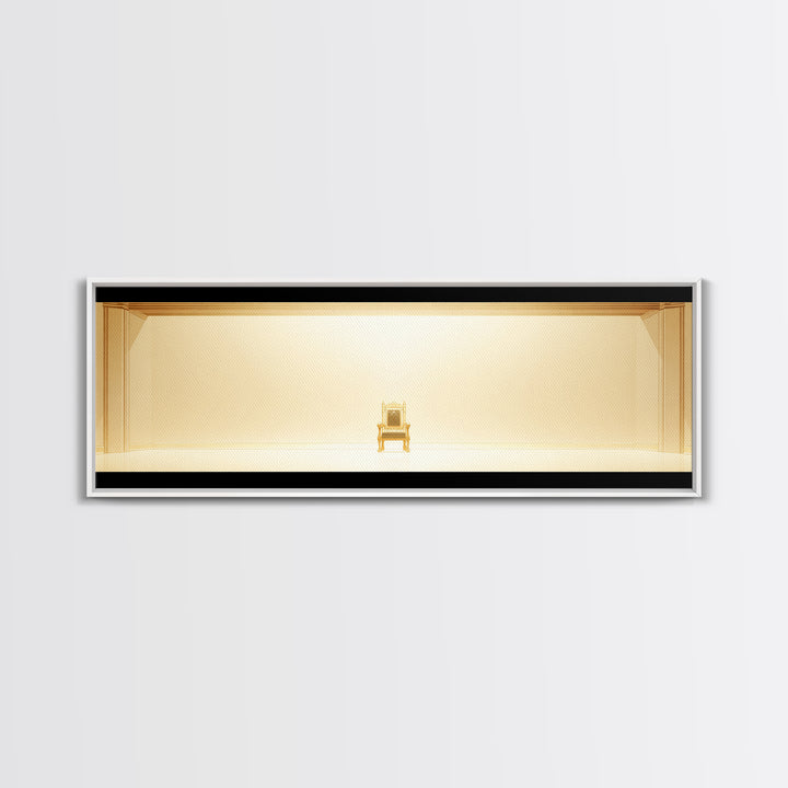 Minimal Golden Throne In Luminous Hall Framed Canvas Print, Minimalist Wall Art, Luxury Art, Elegant Home Decor Gift, Ready To Hang Art