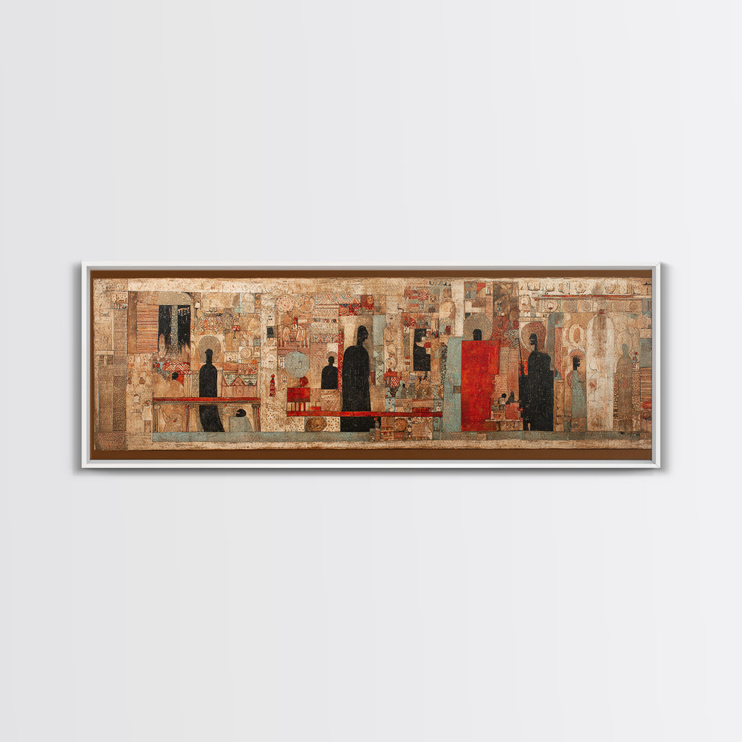 Ancient Textured Mural With Silhouetted Figures Wall Art, Cultural Wall Art, Ethnic Art Print, Abstract African Art Decor